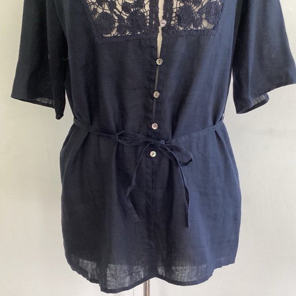 Japanese luxury brand navy linen/lace placard front button self tie short top 6 - Picture 3 of 10